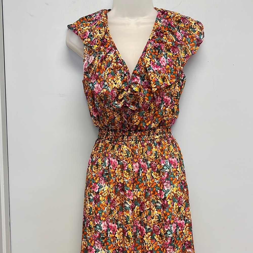 Lavender Brown Floral Flutter Sleeve Ruffled Maxi Dress